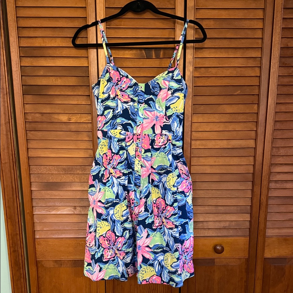 Lilly Pulitzer Navy Floral Sundress with Pink, Yellow, Lime Accents
